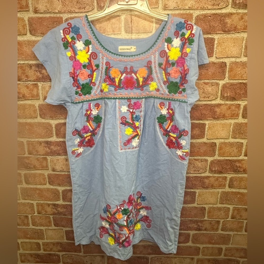 Hand embroidered peasant flutter sleeve shift dress blue & floral size S